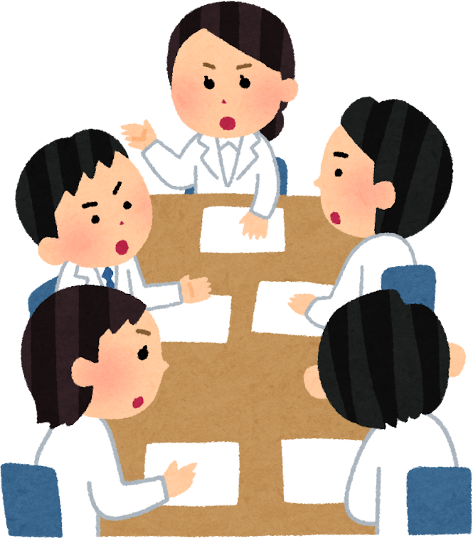白衣を着た職員たちが真剣な表情で話し合っている会議のイラスト
