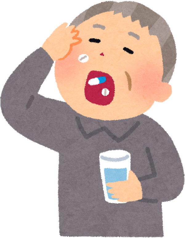 コップの水で薬を飲む高齢の男性のイラスト