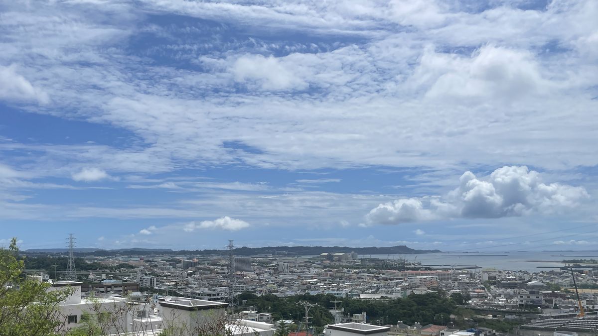 高台から見下ろした街並みと海、広がる青空