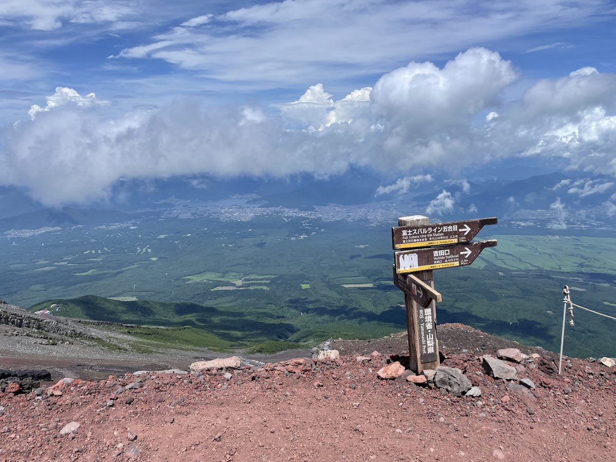 富士山の下山道にある道標。富士スバルライン五合目と吉田口を示している