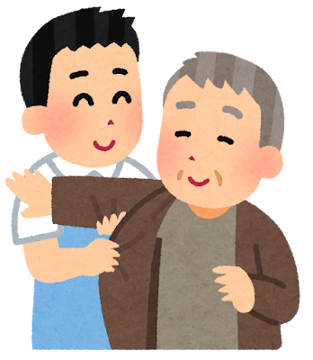 高齢者の着替えを手伝う介護士のイラスト