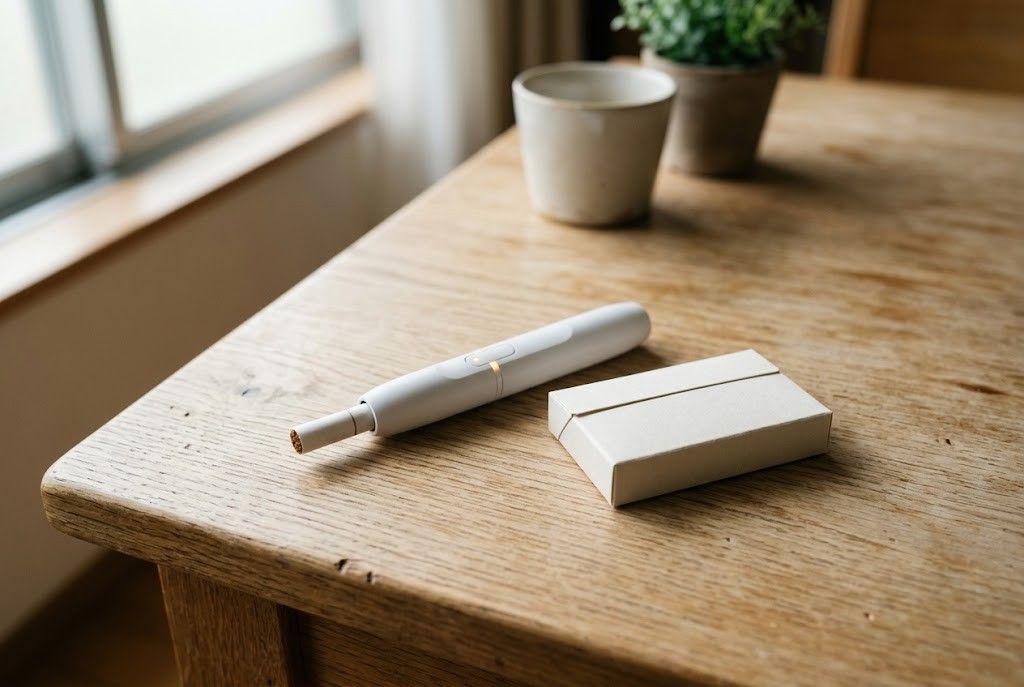テーブルに置かれた加熱式タバコの器具（生成AIで作成したイメージ）