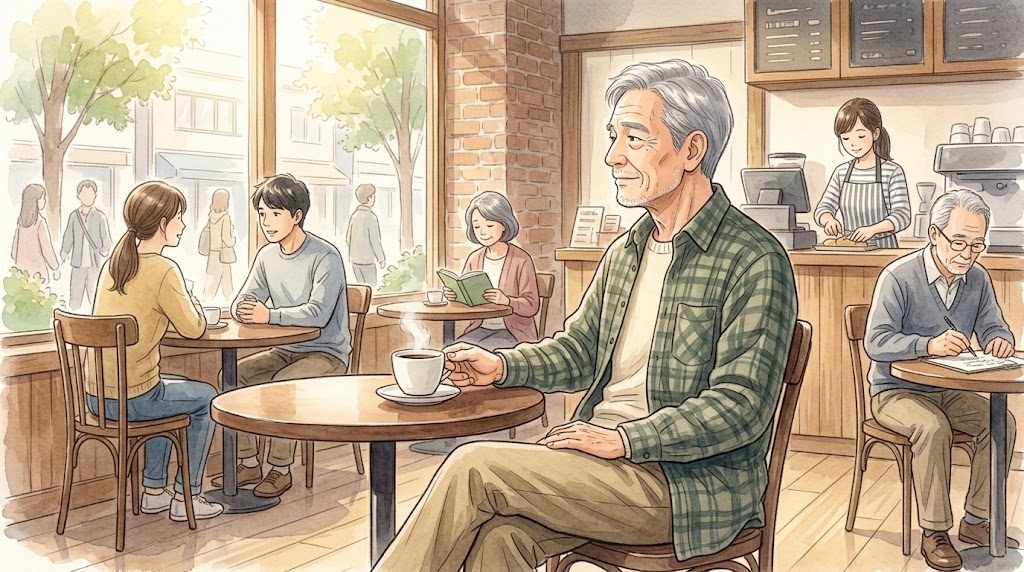 仕事帰りにカフェで一杯のコーヒーを飲む60代の男性
