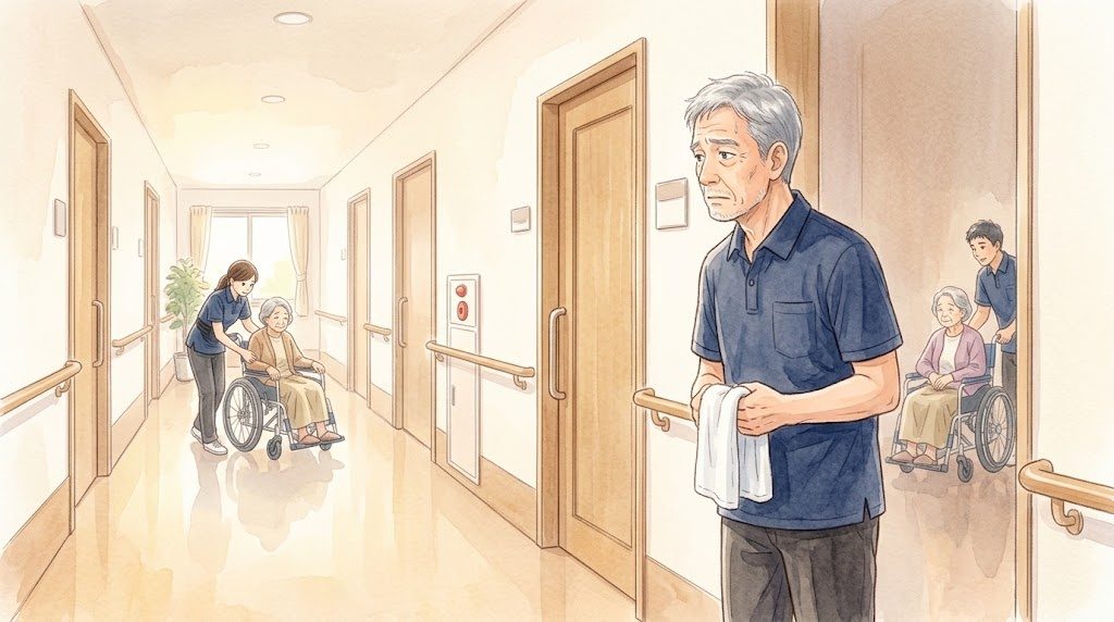 トイレの前でタオルを持ち、ほかの職員を待つ60代の男性介護職