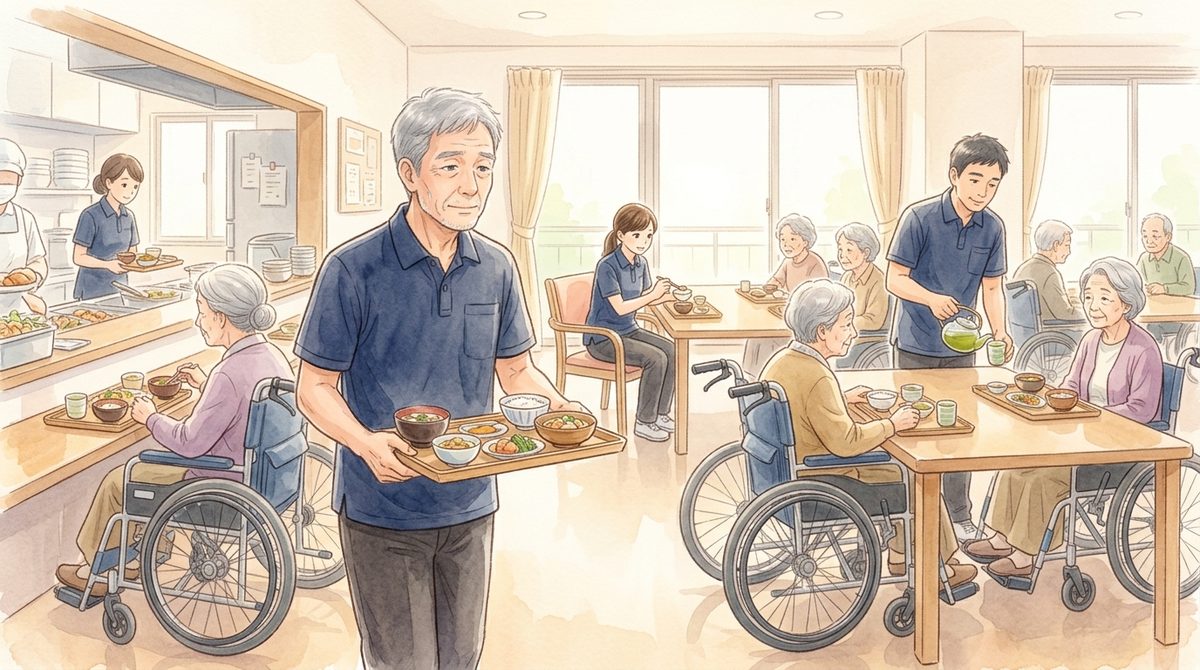 朝の食堂で配膳する60代の男性介護職と、車いすで食事をする利用者さん