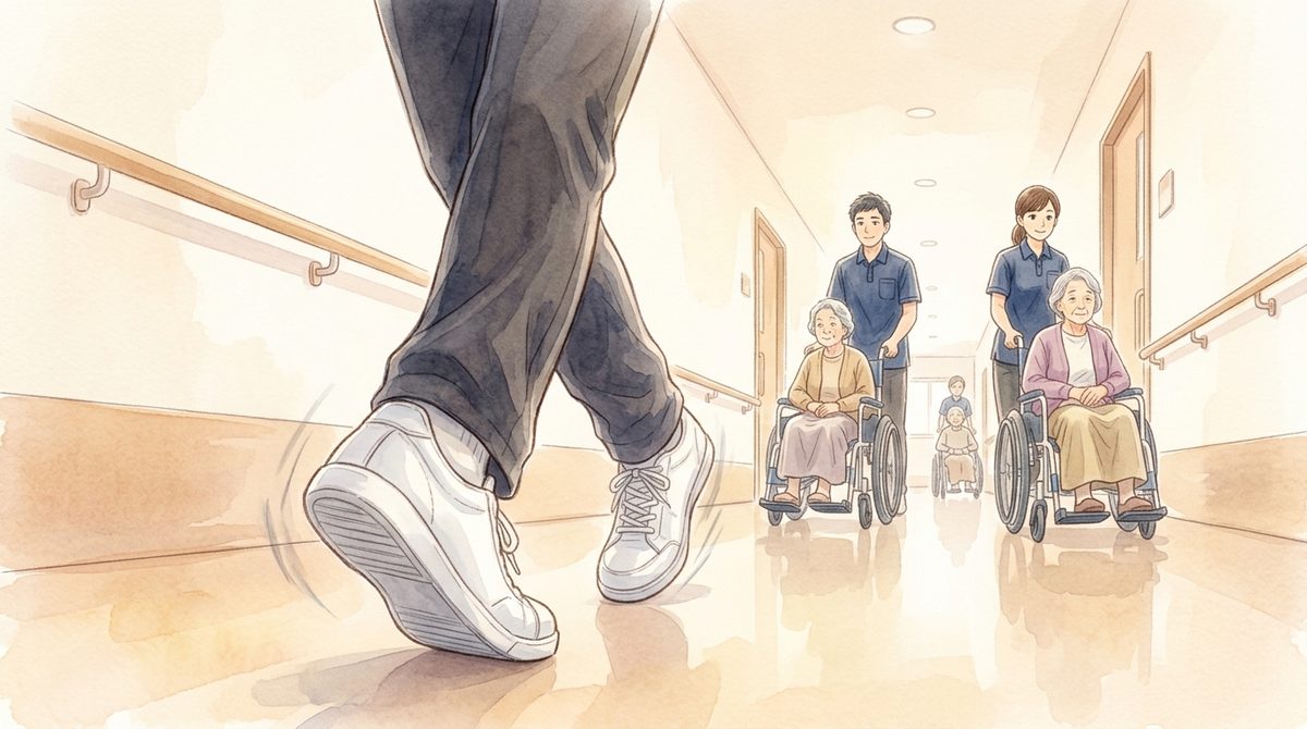 施設の長い廊下を早足で歩く介護職の足元