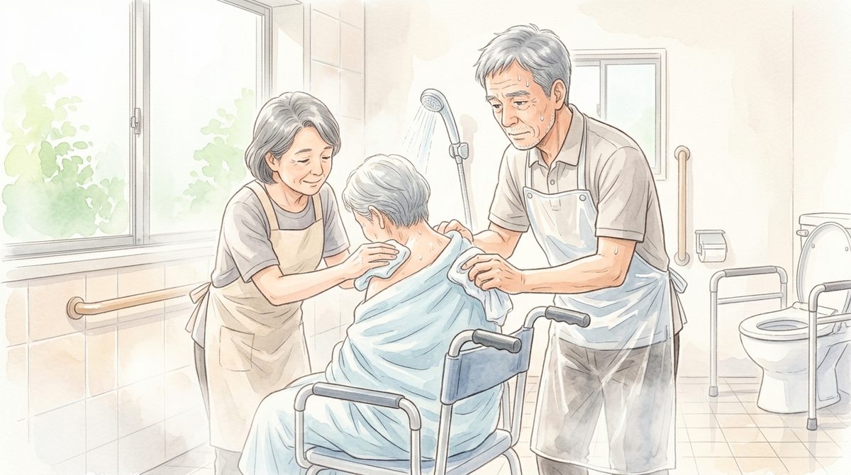 湯気のこもる浴室で、2人で入浴介助をする介護職
