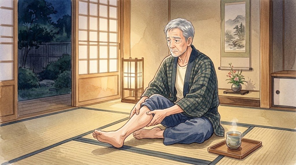 仕事から帰り、畳の部屋でふくらはぎをもむ60代の男性