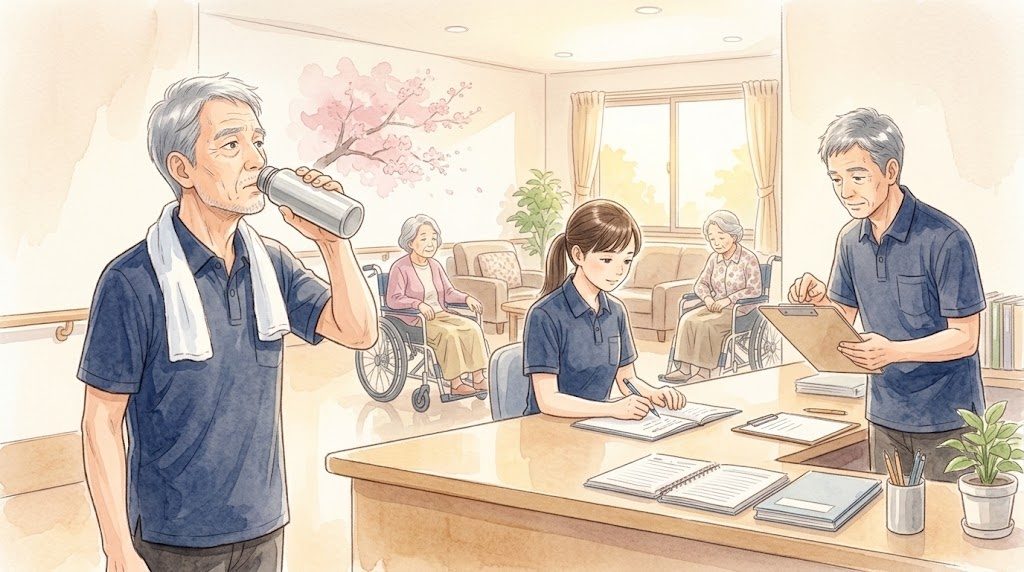 詰所で水筒の水を飲む60代の男性介護職