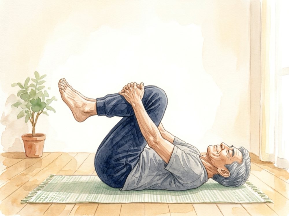 あおむけで両膝を抱える60代男性（生成AIのイメージ）