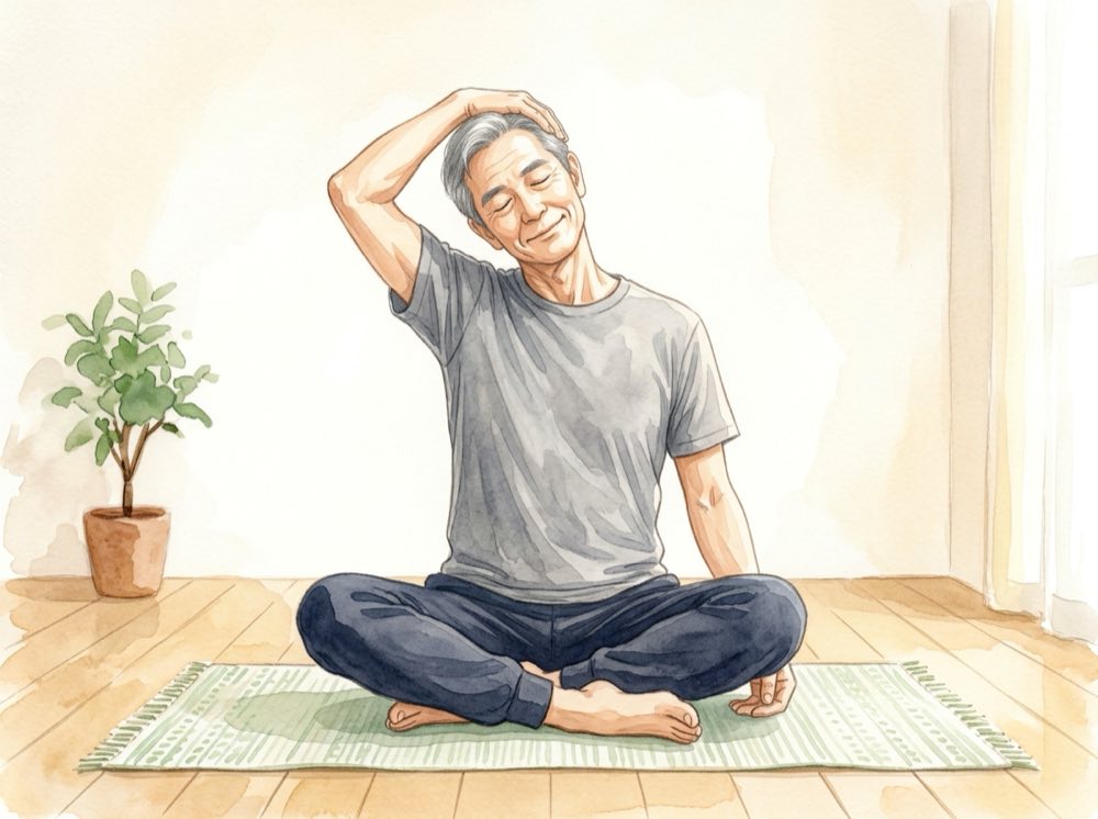首を横に倒して伸ばす60代男性（生成AIのイメージ）